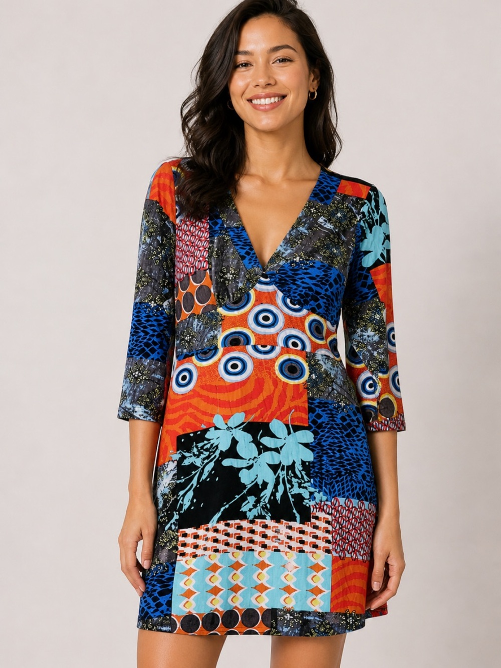 Papillon Artsy Patchwork Y2K V-Neck Stretch Jersey Boho Colorful Dress M